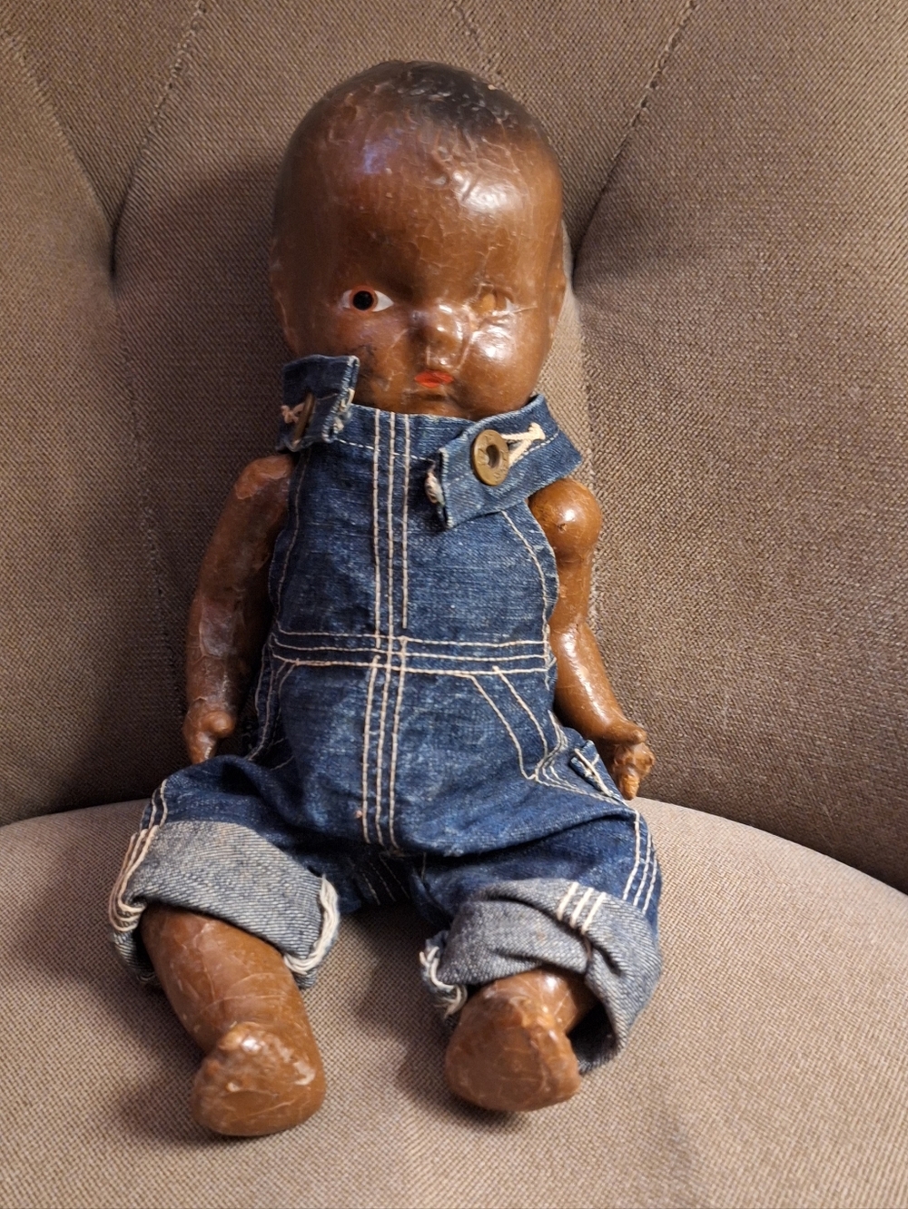 Vintage Brown Baby Doll in Blue Denim Overalls 1940s